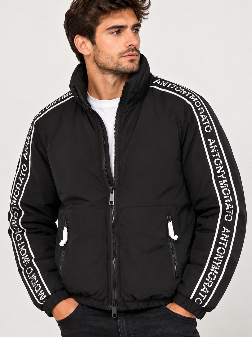 Antony Morato Black Puffer Jacket with White Sleeve Logo Tape